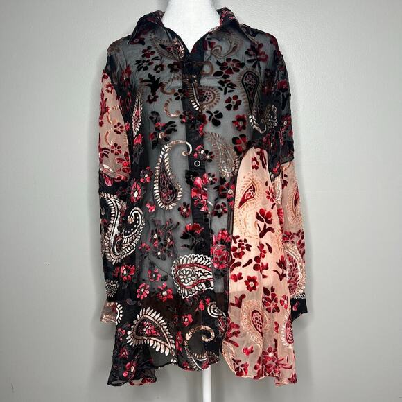 ADORE Crushed Velvet Burnout Paisley Tunic Top Size S Boho Artsy Sheer Lagenlook - Picture 1 of 13
